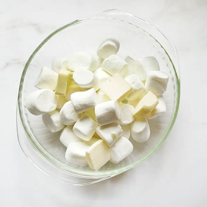 marshmallows and butter for gingerbread Rice Krispie treats