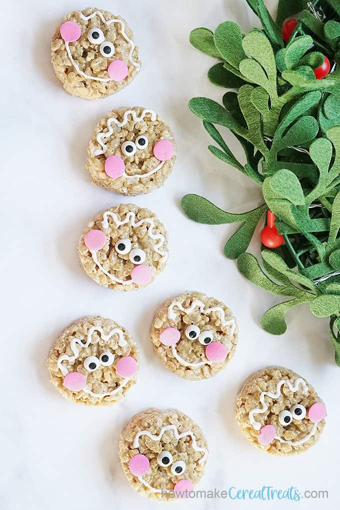 gingerbread Rice Krispie treats decorated as gingerbread man cookies for Christmas 