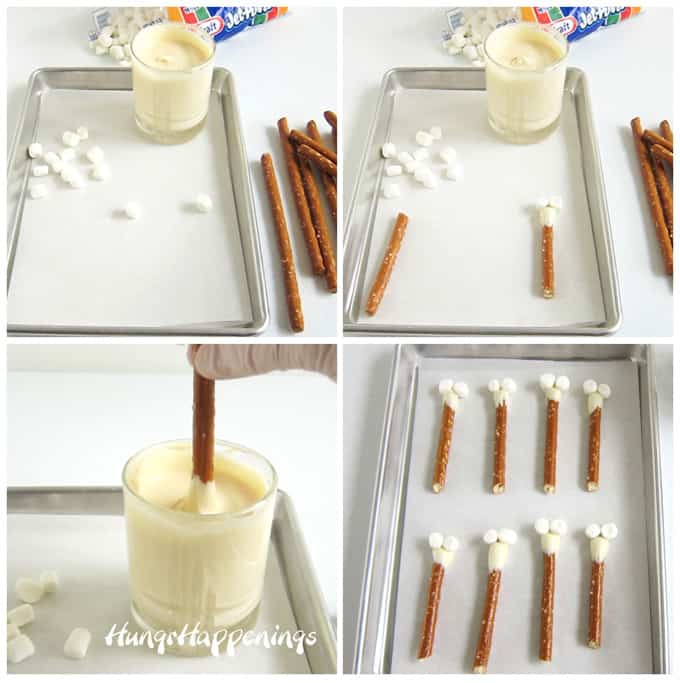 dip the tip of a pretzel rod in white chocolate then attach two mini marshmallows