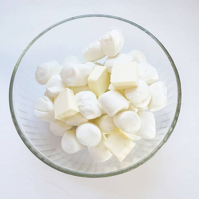 marshmallows and butter to make New Year's Eve Rice Krispie Treats