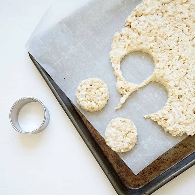 cutting out New Year's Eve Rice Krispie treats