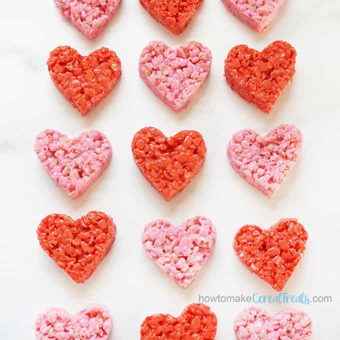 pink and red Rice Krispie Treat hearts for Valentine's day