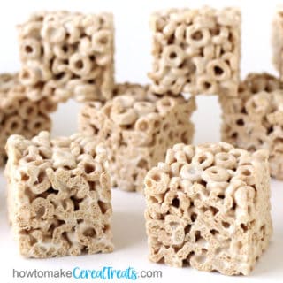 Marshmallow Cheerios Bars made with plain Cheerios cereal, marshmallows, and butter.