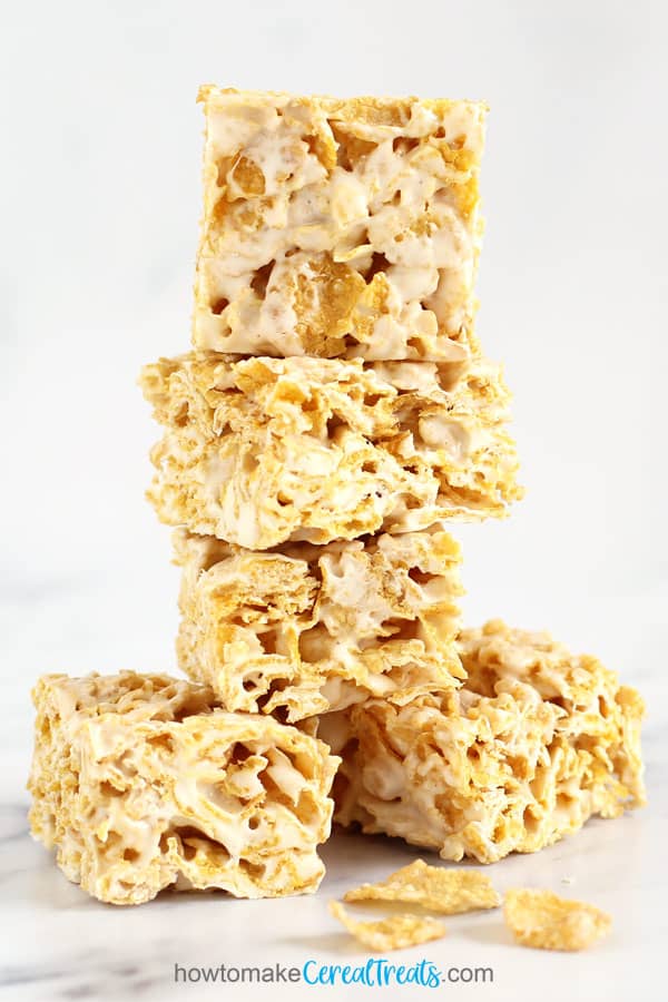 Rice Krispie Treats made using Kellogg's Frosted Flakes, European-style butter, and marshmallows