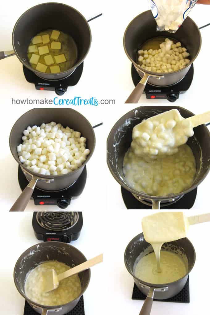 Melting butter and marshmallows in saucepan to make cereal treats.