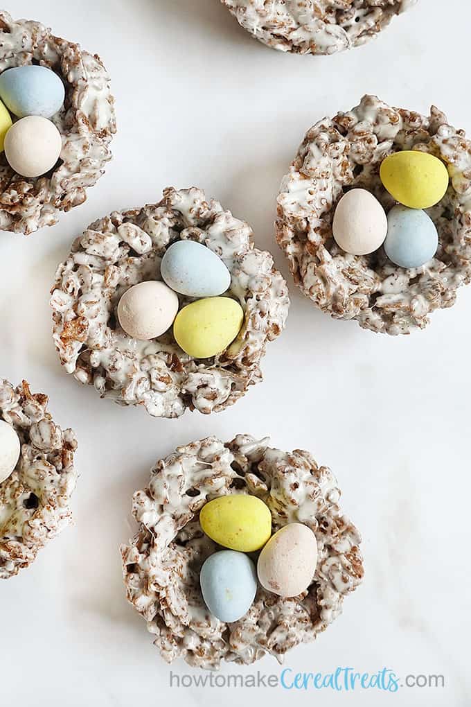 cocoa Easter Rice Krispie treat nests with candy eggs
