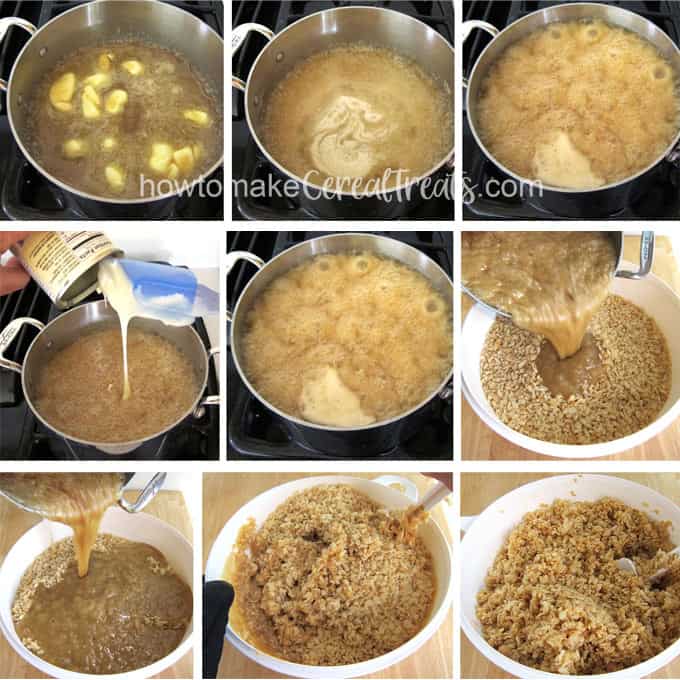 Boil butter, brown sugar, and corn syrup, then add sweetened condensed milk, boil, then pour over rice krispies cereal. 