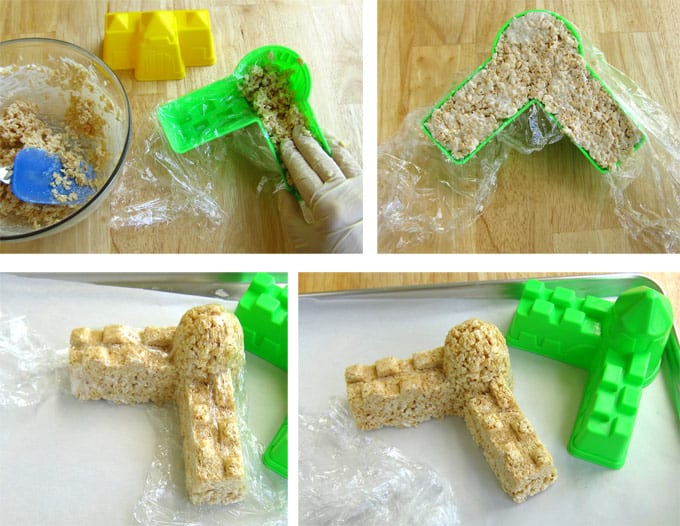 Line your sandcastle mold with plastic wrap before filling with the Rice Krispie Treats.