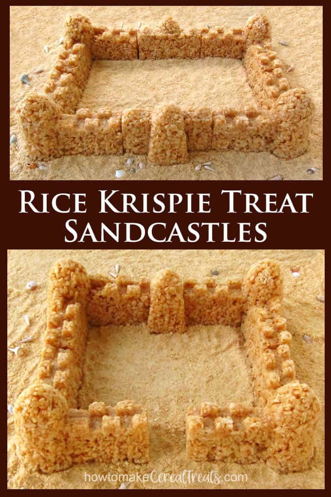Caramel Rice Krispie Treat Sandcastle served on a beach of cookie crumbs for a beach-themed party.