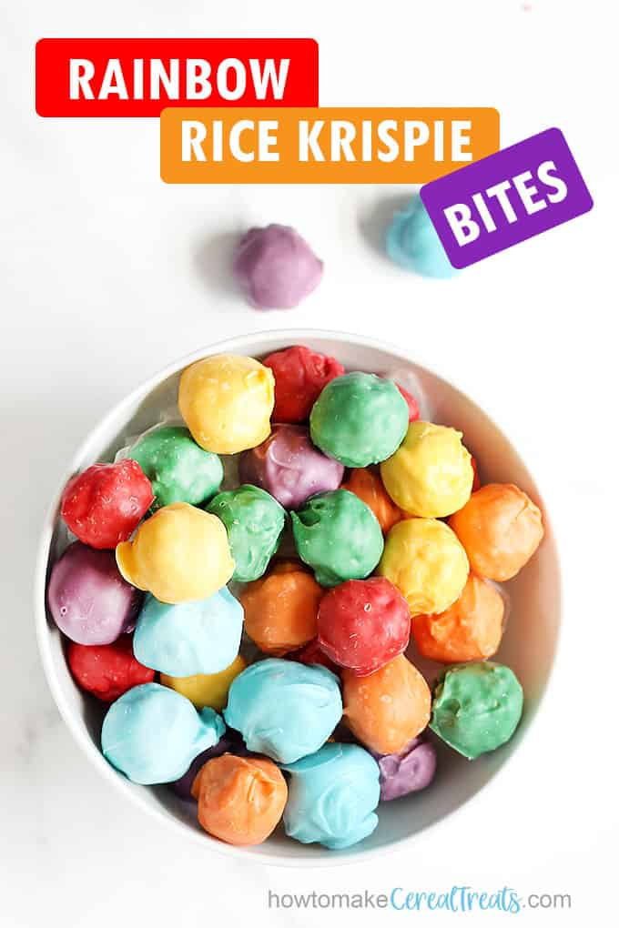 Rainbow Rice krispie treat bites, balls rolled in candy melts 