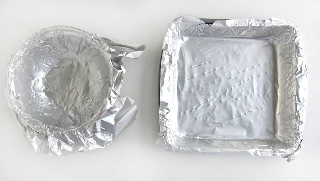 Line a round bowl and square baking pan with tin foil. 