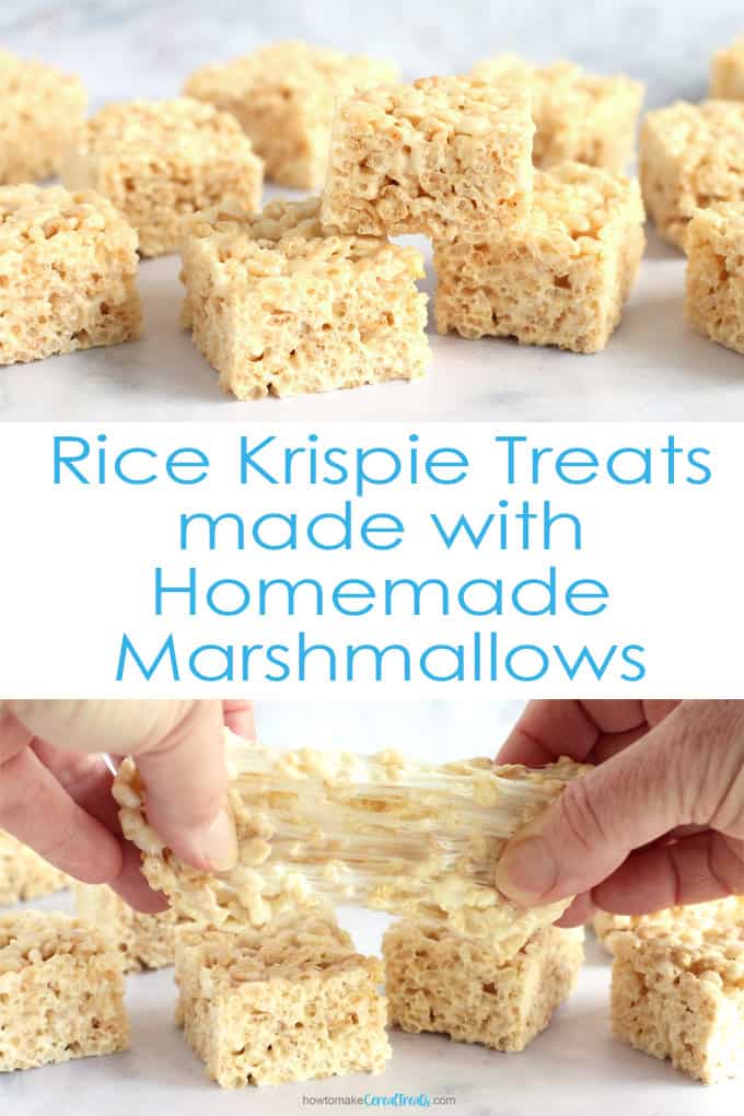 Homemade marshmallow Rice Krispie treat bars stacked up and being pulled apart to reveal gooey marshmallows holding the cereal together.