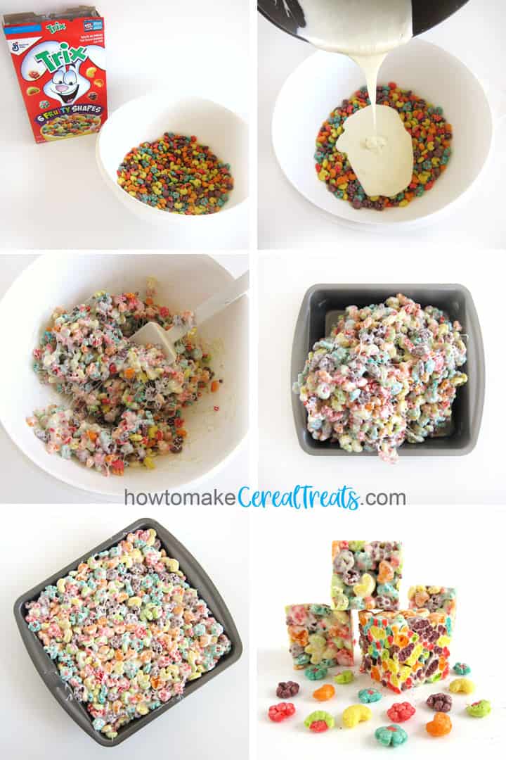 Steps to make Trix Treats: pour cereal into large bowl, top with melted butter and marshmallows, stir, gently press into pan, cool, cut into squares. 