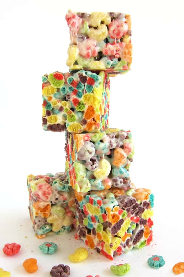 Trix Treats made using fruit-shaped Trix Cereal, marshmallows, and butter.