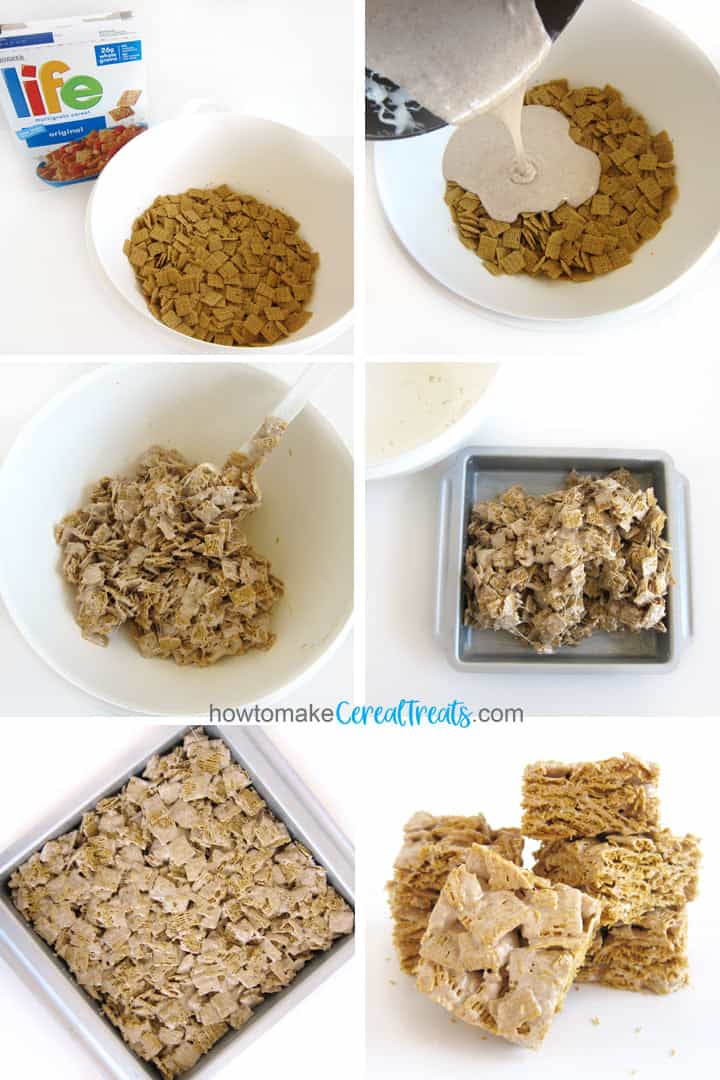Mix melted marshmallows, butter, and cinnamon with Life Cereal, then press into a pan, cool, and cut into bars.