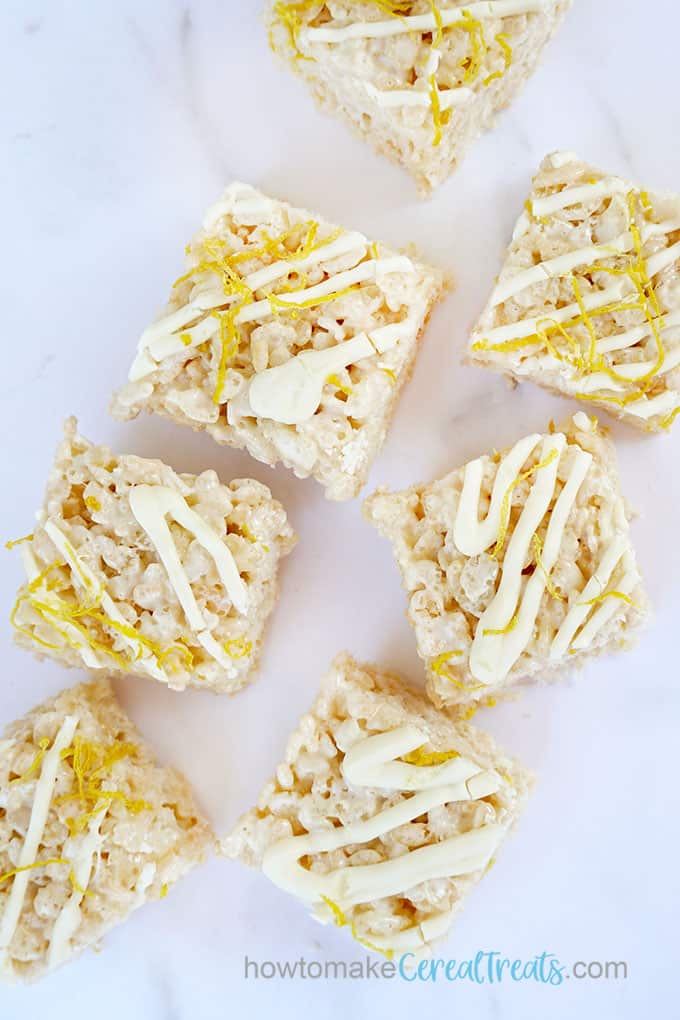 image of lemon Rice Krispie treats with lemon zest 