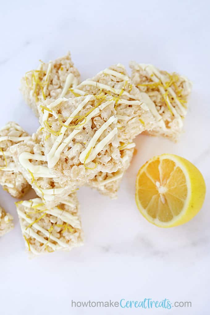 stacked lemon Rice Krispie treats , no-bake summer dessert idea 