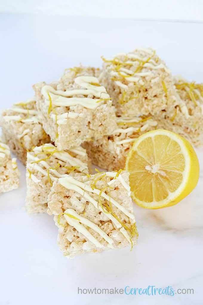 lemon Rice Krispie treats with candy topping and lemon zest 