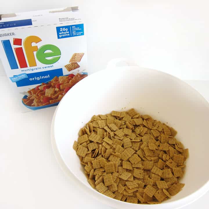 Life Cereal in large white mixing bowl.