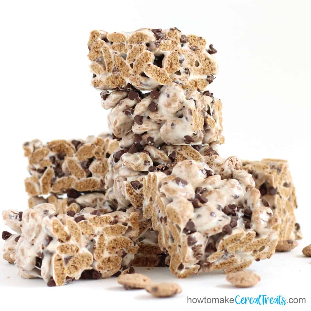 Chocolate chip cookie cereal treats made with Cookie Crisp Cereal, butter, marshmallows, and chocolate chips.