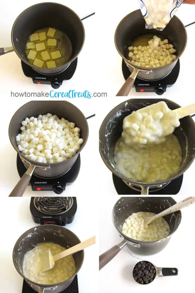 Melt butter and marsmallows over low heat in a medium saucepan.
