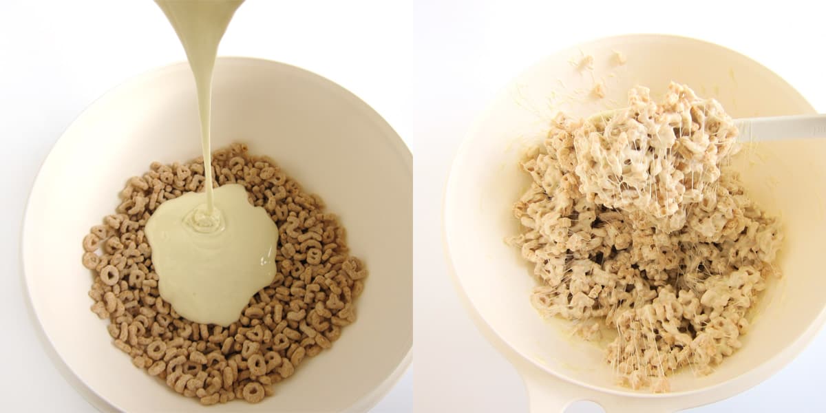 Mix melted butter and marshmallows with Alpha-Bits Cereal.