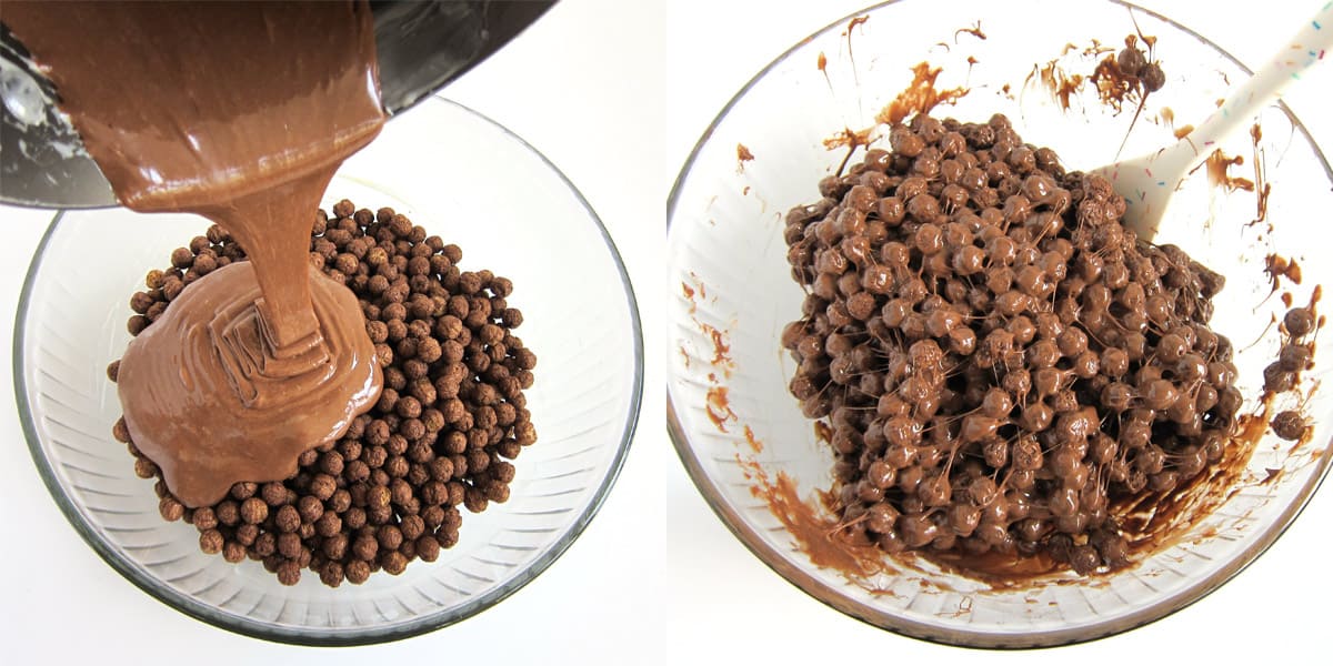 Stir melted chocolate and marshmallows into the bowl of Cocoa Puffs cereal.