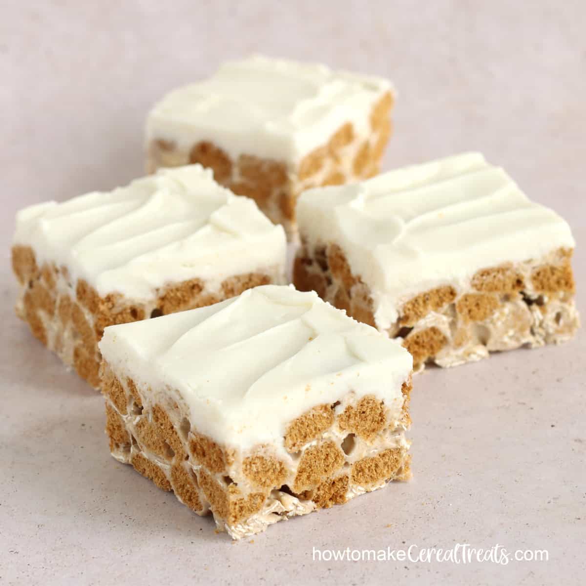 Frosted oatmeal cream pie cereal bars made with Little Debbie cereal.
