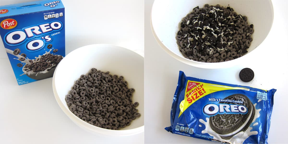 OREO O's cereal in a bowl topped with broken OREO Cookie pieces. 