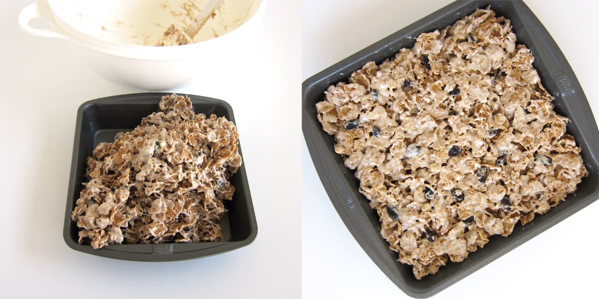 Spread Raisin Bran Crunch marsmallow crispy mixture into a square pan.