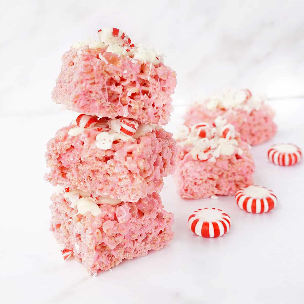 no-bake holiday treat: PEPPERMINT RICE KRISPIE TREATS with white chocolate and crushed candies