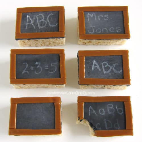 Rice Crispy Treat Chalkboards with white chocolate letters and numbers.