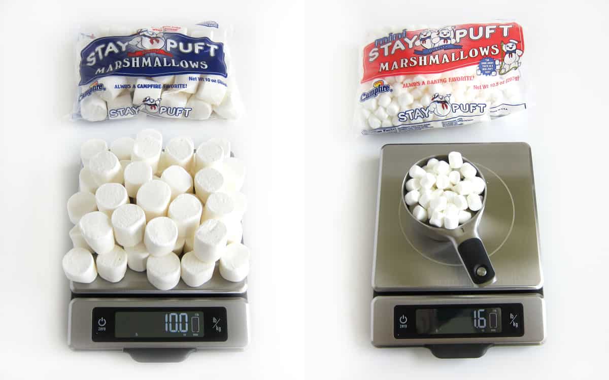 Weighing Campfire Stay Puft Marshmallows in a 10 ounce bag and in 1 cup.