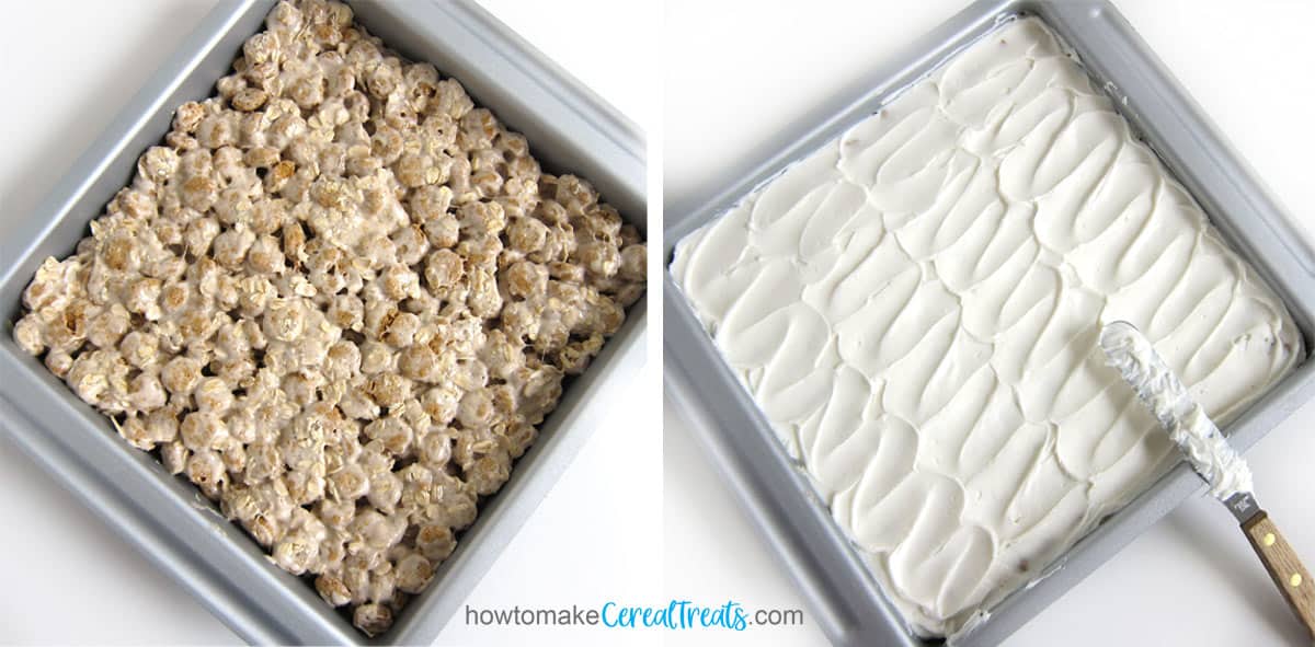frost a pan of Little Debbie Oatmeal Cream Pie Cereal Bars with vanilla buttercream