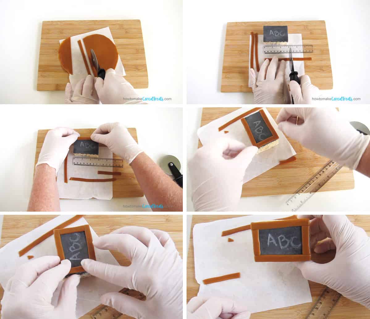 Cutting caramel strips to make a caramel frame for a Rice Krispie Treat Chalkboard.