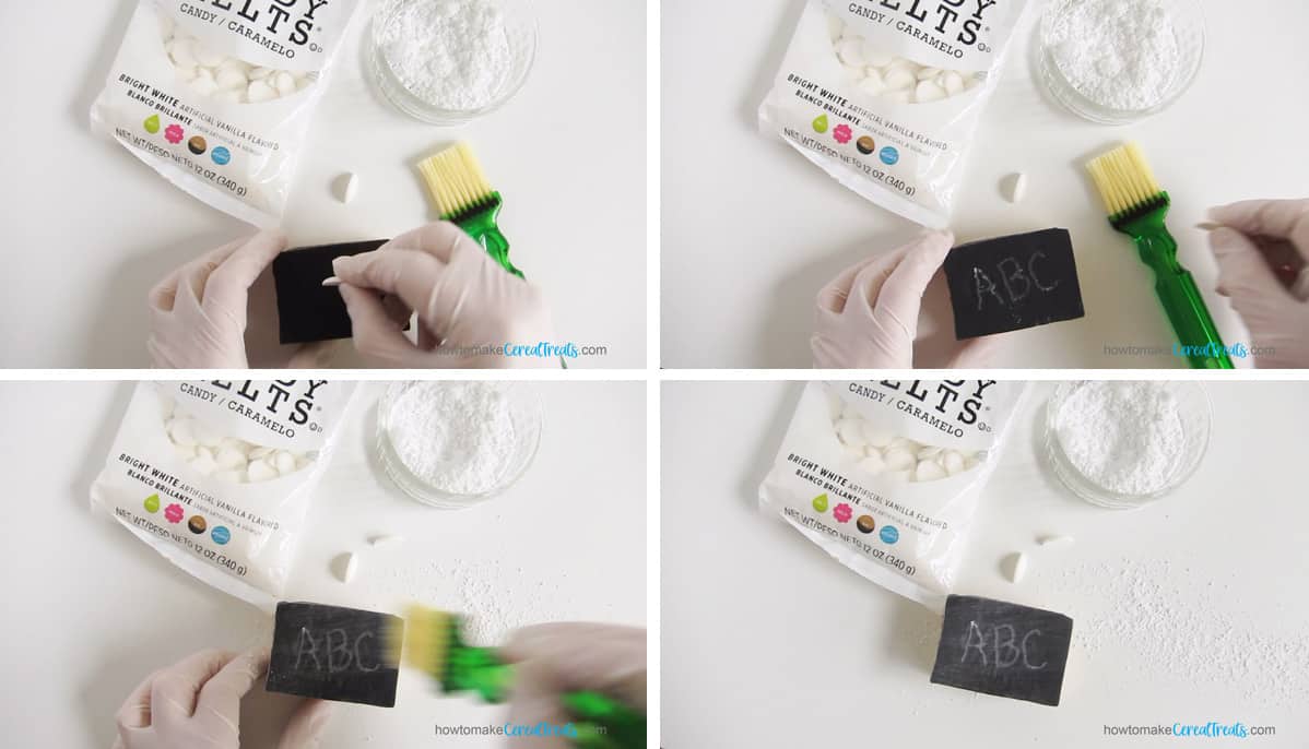 Writing on a rice crispy treat chalkboard using a white candy melt wafer.