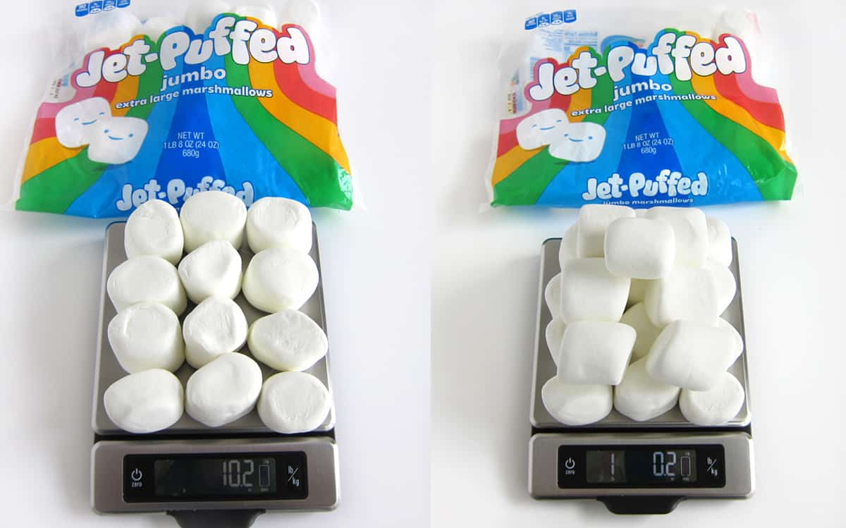Kraft Jet-Puffed Jumbo Marshmallows in a 10 ounce bag and a 16 ounce bag.