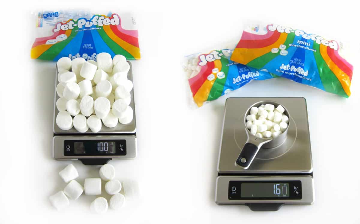 Weigh Kraft Jet-Puffed Marshmallows on kitchen scale and in a 1 cup measuring cup.