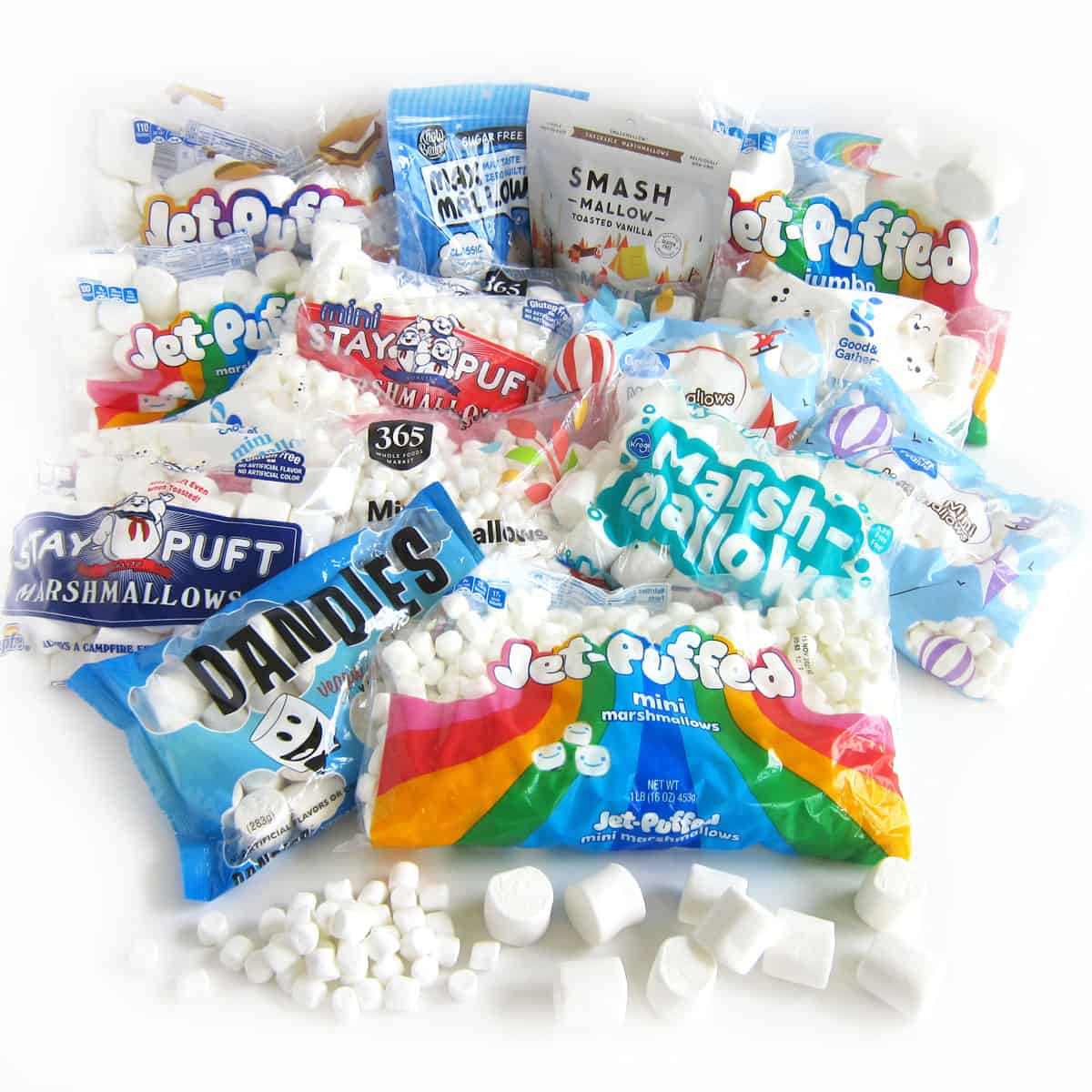 Bags of marshmallows including Kraft Jet-Puffed, Campfire Stay Puft, Dandies Vegan, Kroger, Target, and Walmart marshmallows.