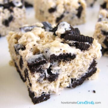 Oreo Rice Krispie Treat filled with chocolate vanilla cookie pieces