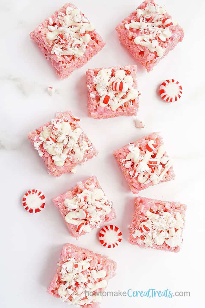 no-bake PEPPERMINT RICE KRISPIE TREATS with white chocolate and candies 