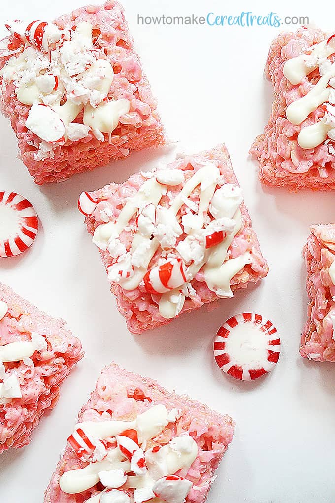 PEPPERMINT RICE KRISPIE TREATS with white chocolate and crushed candies 