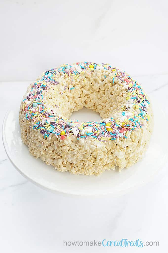 Easy Rice Krispie Treat cake with sprinkles 