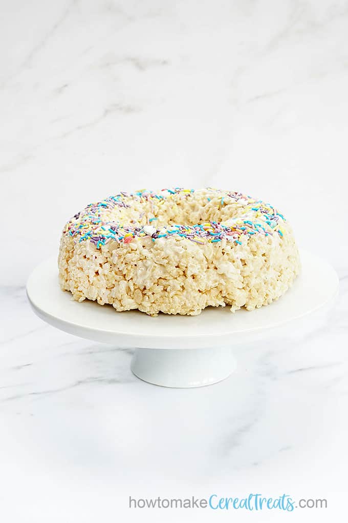 Fun and easy 3-ingredient rice crispy cate baked in a Bundt pan