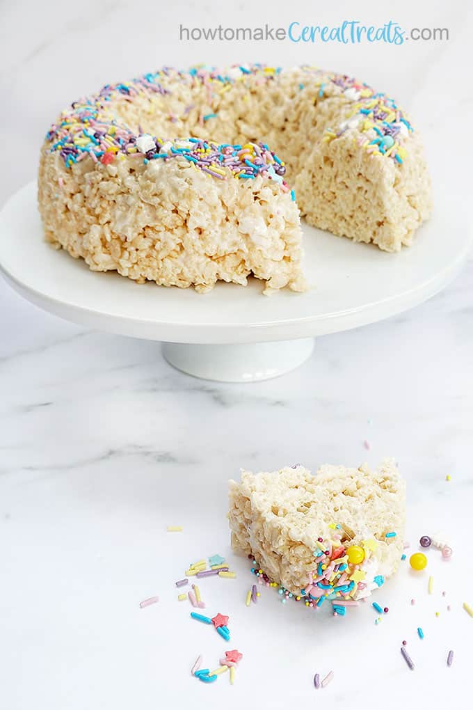Rice Krispie Bundt Cake topped with sprinkles for a fun, easy twist on cake.