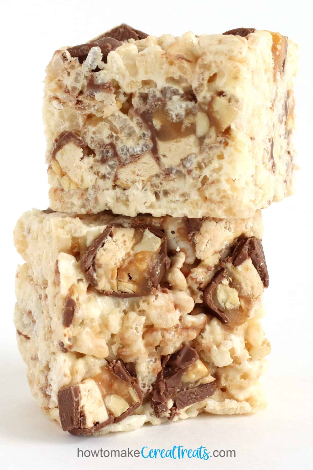 Rice Krispie Treats loaded with pieces of Snickers candy bars.