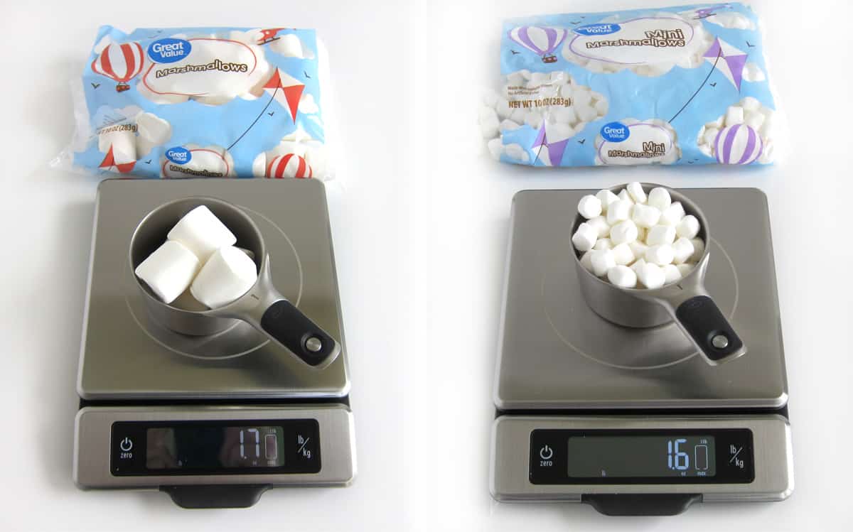 Measuring Great Value Marshmallows from Walmart in 1 cup