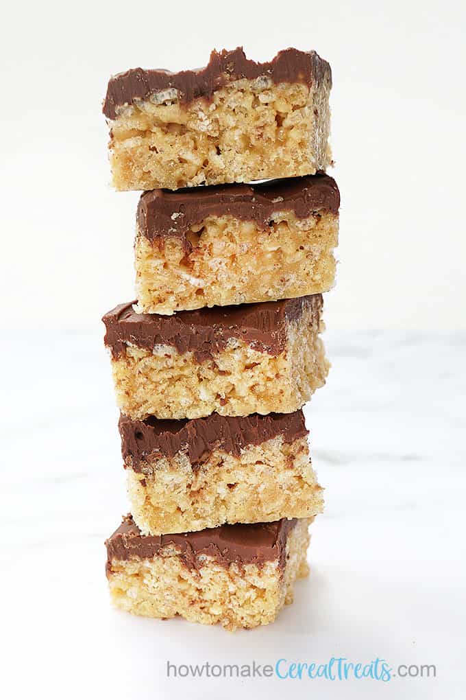 stack of SCOTCHEROOS recipe, peanut butter Rice Krispie treats with chocolate butterscotch topping 