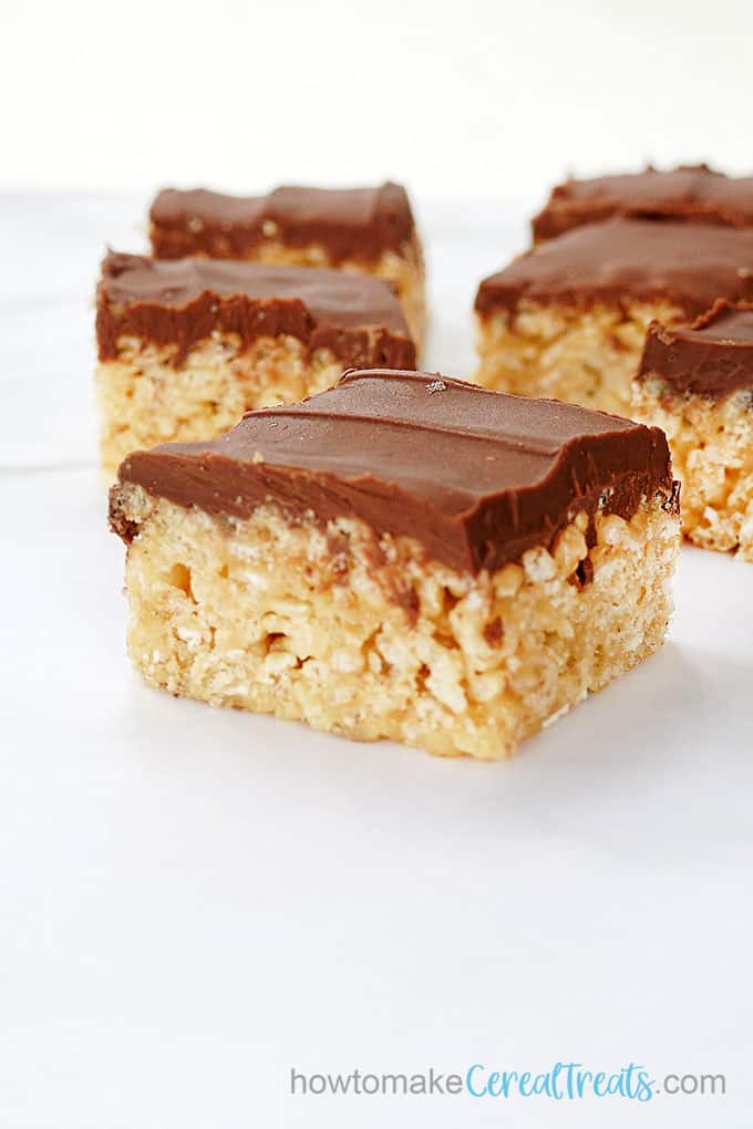 close-up of SCOTCHEROOS recipe, peanut butter Rice Krispie treats with chocolate butterscotch topping 