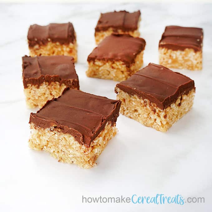 SCOTCHEROOS recipe, peanut butter Rice Krispie treats with chocolate butterscotch topping 